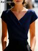 Elegantes weißes V-Ausschnitt Slim Fit Kurzarm-Damenoberteil