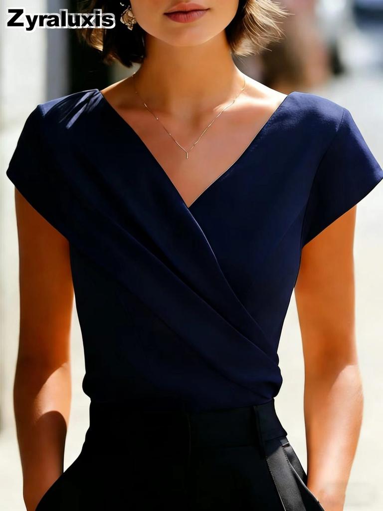 Elegantes weißes V-Ausschnitt Slim Fit Kurzarm-Damenoberteil