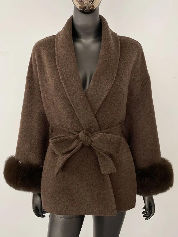 OFTBUY Oversize Loose Autumn Winter Women Coat Real Natural Fox Fur V-neck Woolen Blends Jacket Thick Warm Casual New Overwears