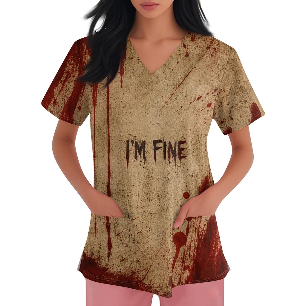 Womens Halloween Print V Neck Scrub Top Short Sleeve Medical Uniform Shirt with Pocket Comfortable Fit Lightweight Fabric