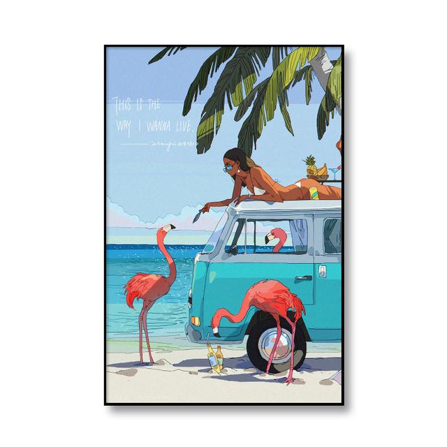 Cartoon Swimming Pool Summer Seaside Vacation Illustration Canvas Painting Wall Art Poster Print Picture Living Room Home Decor