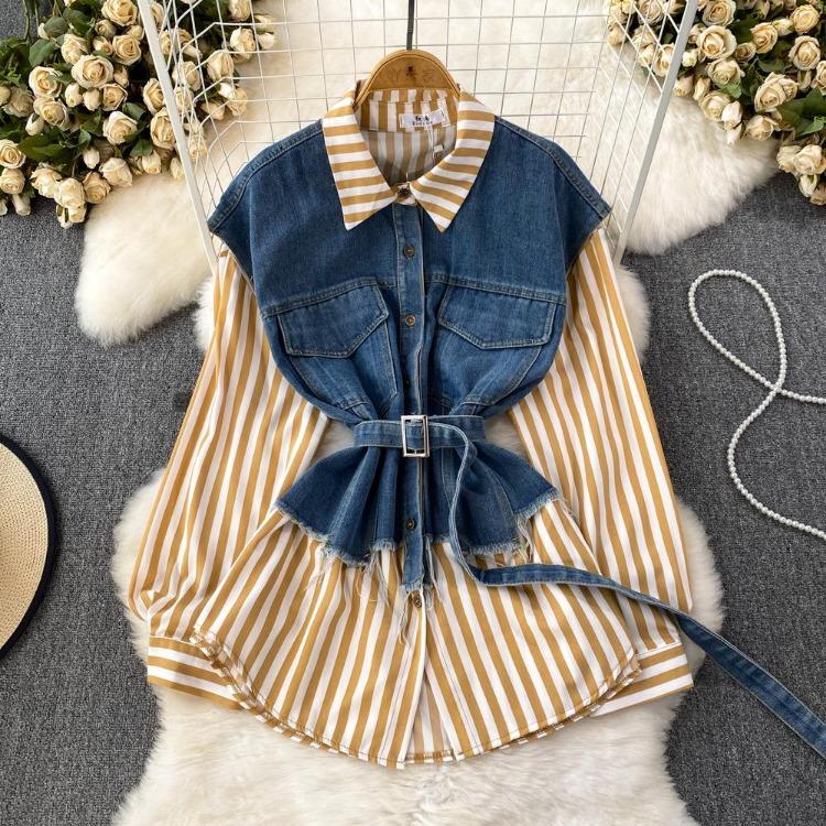 Korean Retro Women Denim Vest Shirt Spring Autumn Casual Loose Irregular Stitching Striped Fake Two