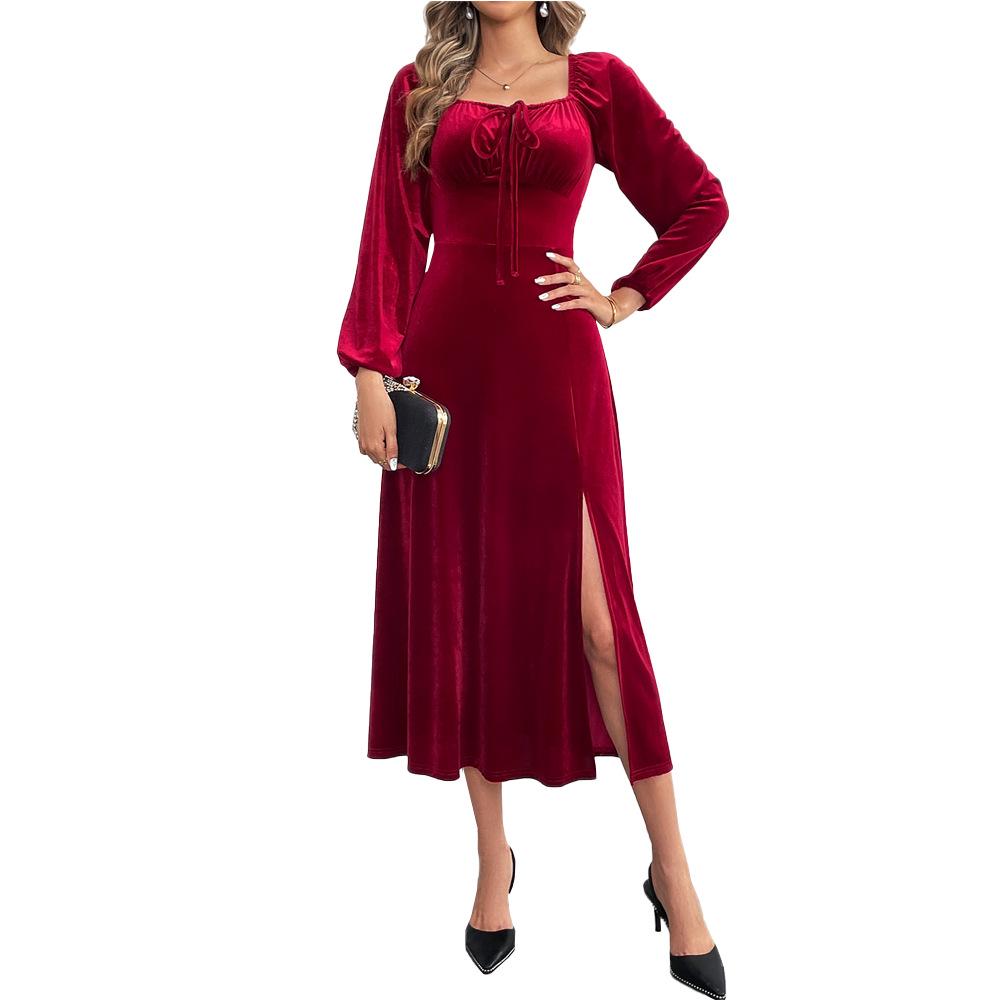 2024 European & American Women's Sexy Slit Velvet Dress with Square Neck & Puff Long Sleeves