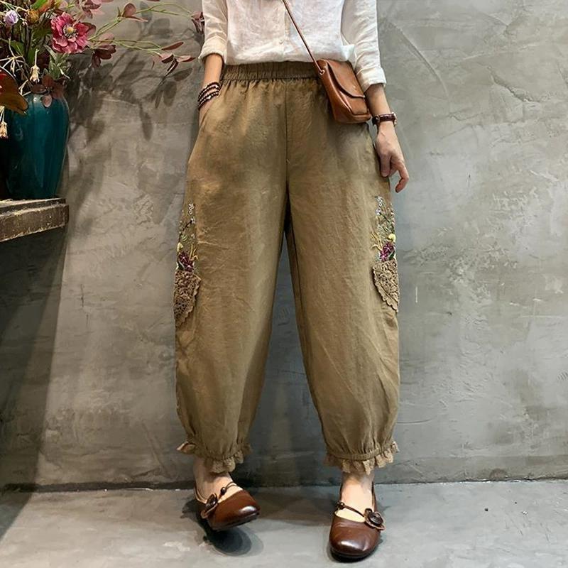 Damen Baumwollleinenhose Retro Elastischer Bund Bestickte Blumenstickerei Loungewear
