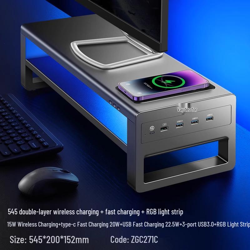 RGB Computer Monitor Riser Stand with USB Ports and Storage