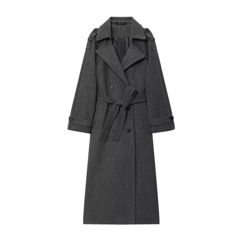 Womens Winter Wool Blend Double-Breasted Trench Coat Longline Classic British Style Streetwear Outerwear