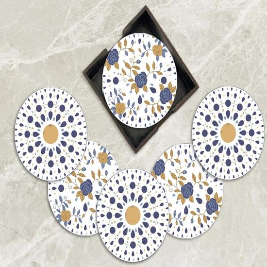 Coaster Set of 6 Beautiful Wooden Coasters with Stand, Designer Tea Coaster Set Fit for Gifting, Use for Tea Cups, Coffee Mugs and Glasses