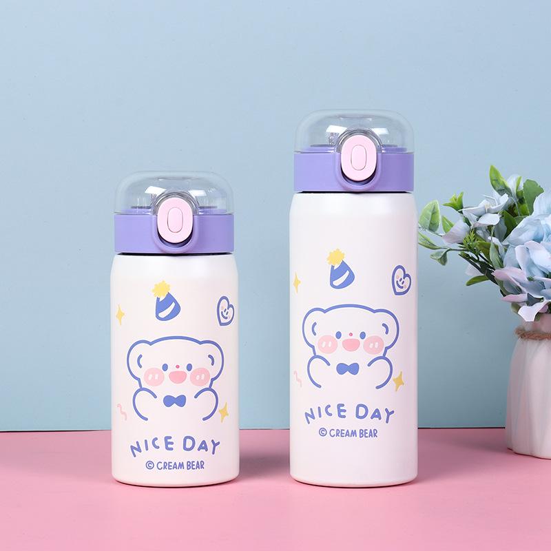 Cute Bear Insulated Water Bottle 304 Stainless Steel Double Wall Vacuum Flask Portable Leak-Proof Travel Mug For Students Kids