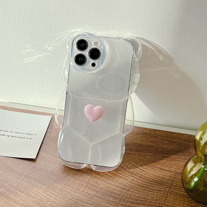 Cartoon 3d Bear Shape Cute Design Clear Case For Iphone 13 12 11 Pro Max Xs Max Xr X Korean Love Heart Lens Protection Cover