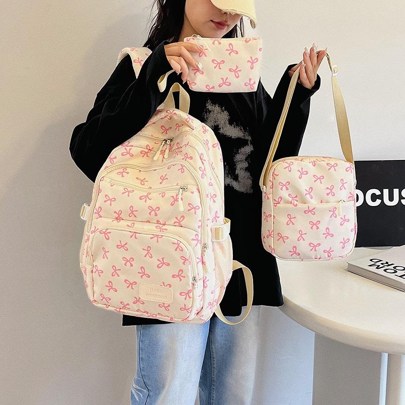 Korean Fashion Bow Print Women Fashion Backpack Lightweight Simple Student Schoolbag Female Bag Set Three-Piece One Size розы красного 1980₽