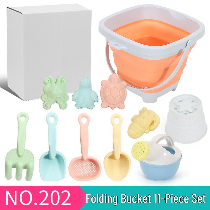 Children's 11-Piece Beach Sand Play Set - Folding Bucket and Shovels