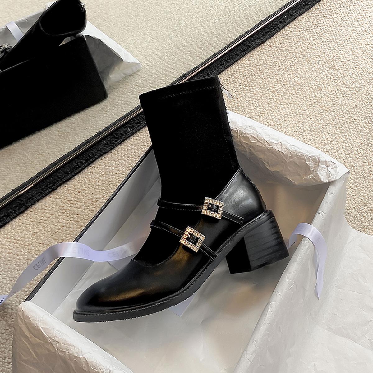 

Elastic Skinny Boots Women s Thick Heel Short Boots High Heel French Rhinestone 2025 New Fashion Retro Mary Jane Socks Boots 40 чёрный