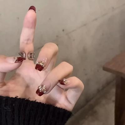 New Year's Manicure Hand-wearing Nails Handmade Wine Red New Year's Manicure French Flash Champagne Diamond