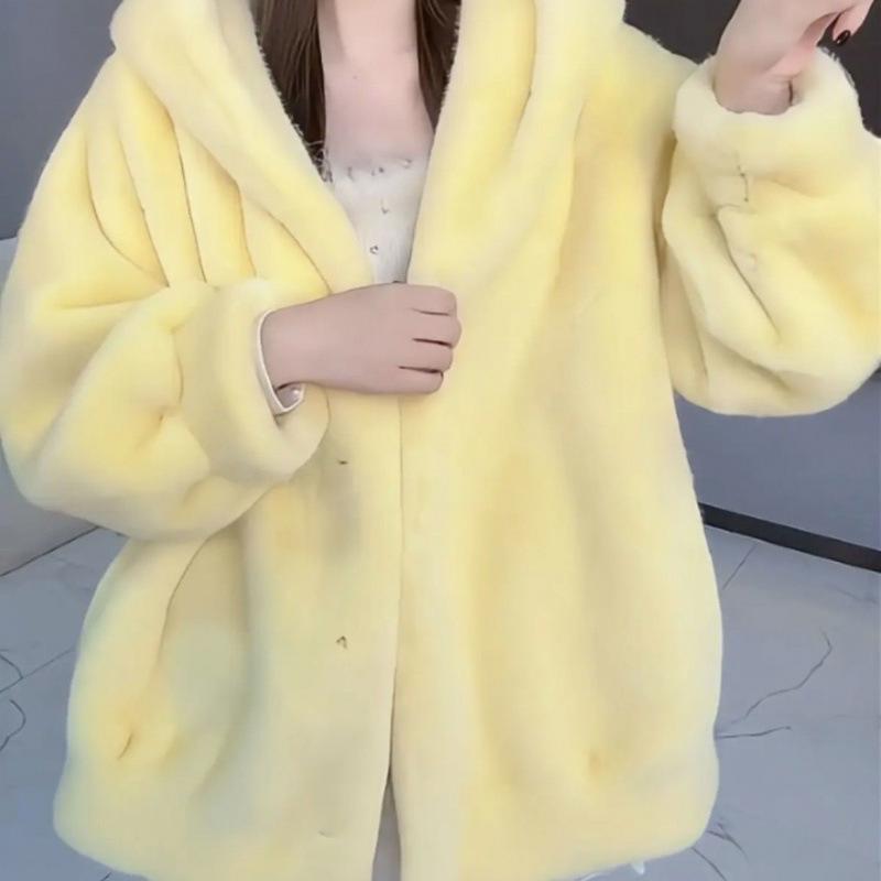 Pink hooded lamb fur integrated cotton clothing women's winter clothing small man thickened imitation mink fur jacket