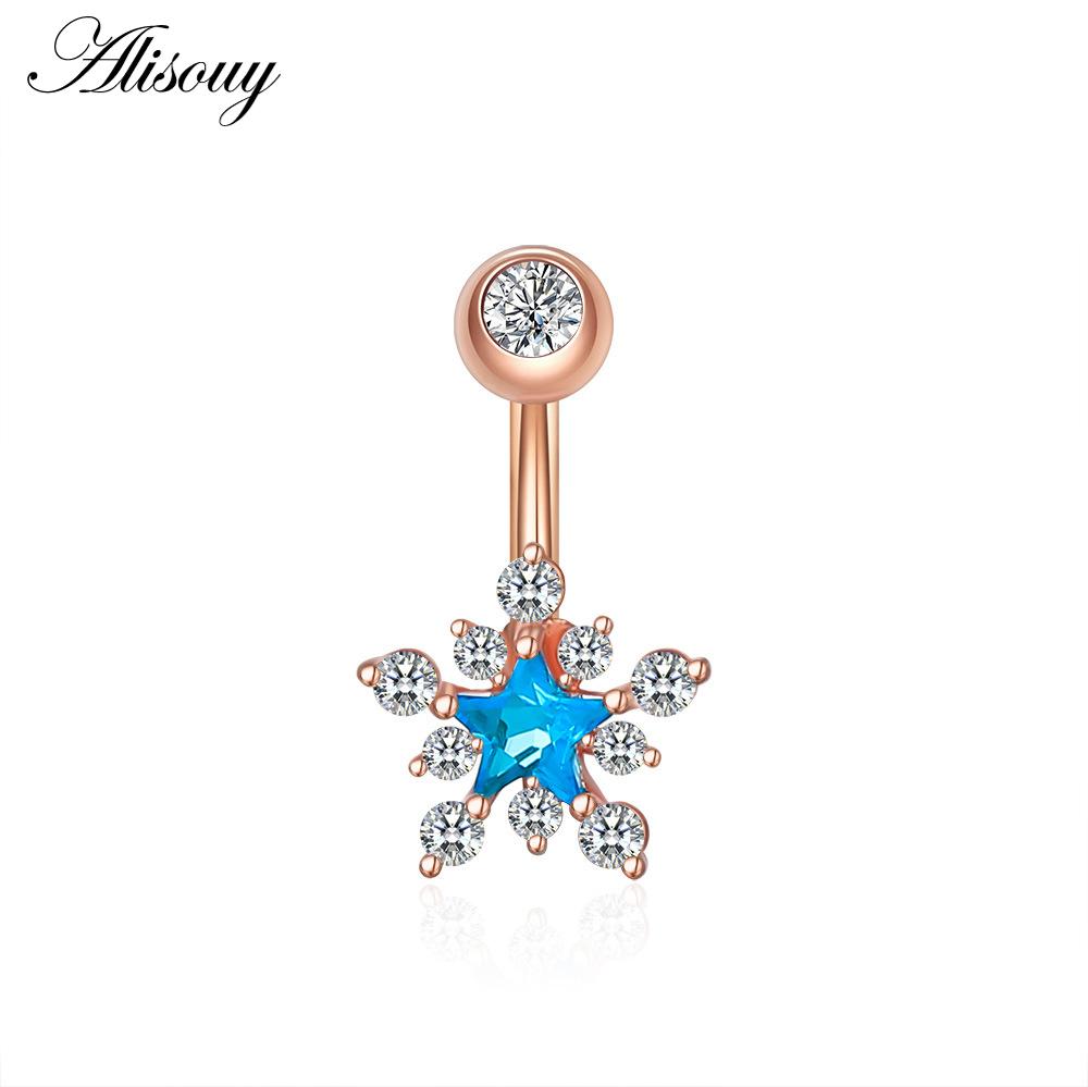 Alisouy 1pc Zircon Sexy Long Belly Ring Star Sun Moon Heart Navel Piercing Surgical Steel Women Belly Button Ring Navel Jewelry
