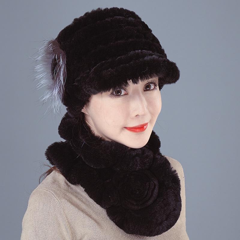 New Rex rabbit hair hat women's autumn and winter ear protection fur woven real hair medium and old thickened versatile scarf set