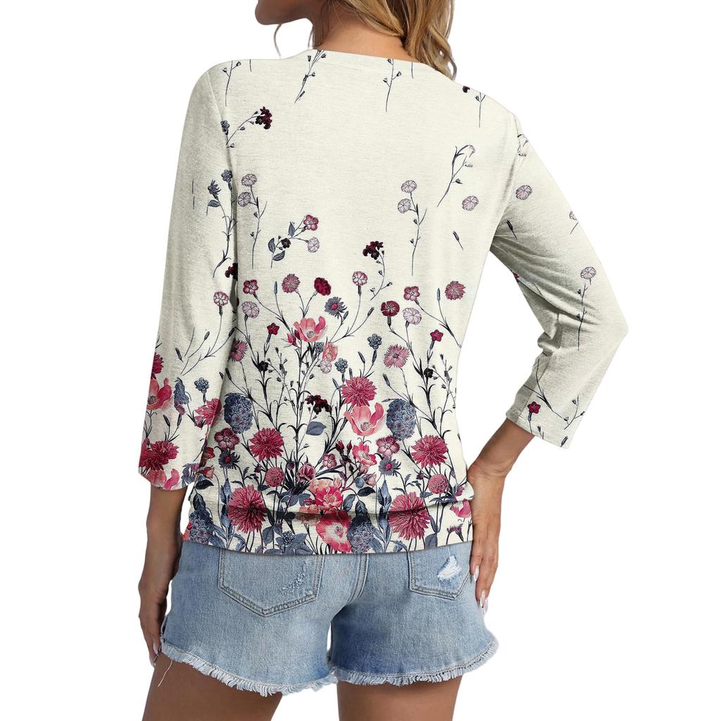 Women's 3/4 Sleeve Top Neck Hem V,Neck Summer Casual ,Shirt Vintage Printed Top