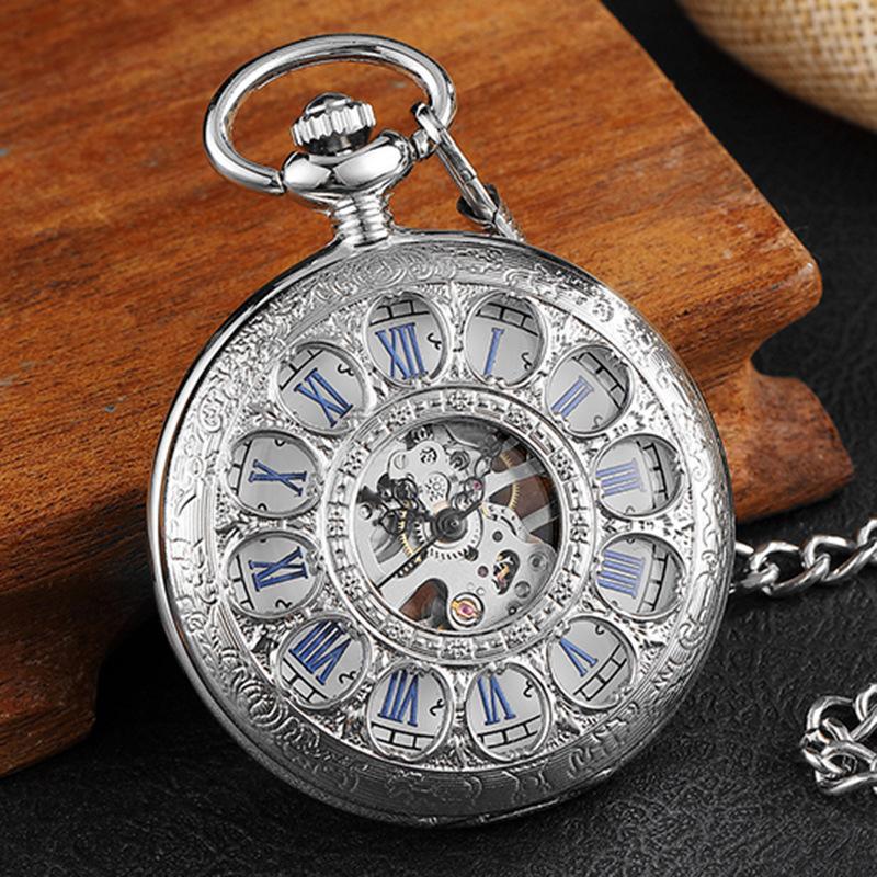 Classic Duplex Mechanical Watch, Parents And Elders Characteristic Roman Hollow Tuo Watch, Gift Antique Pocket Watch