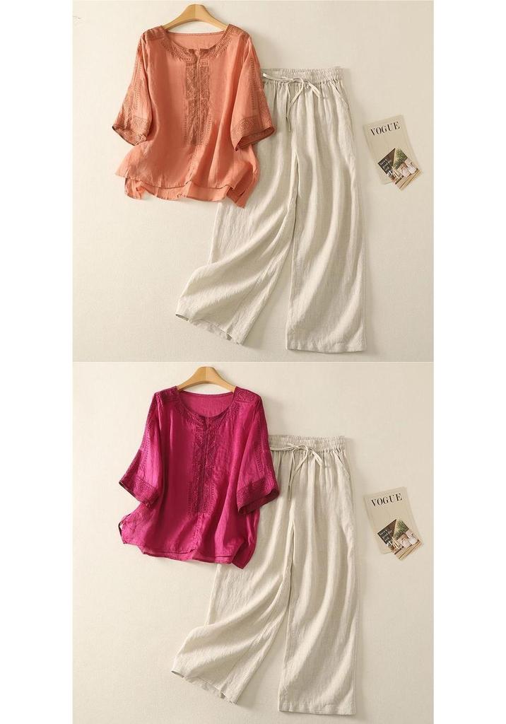Elegant Chiffon Top: Popular Chinese Style Mid-Aged Women's Five-Point Sleeve Printed T-Shirt