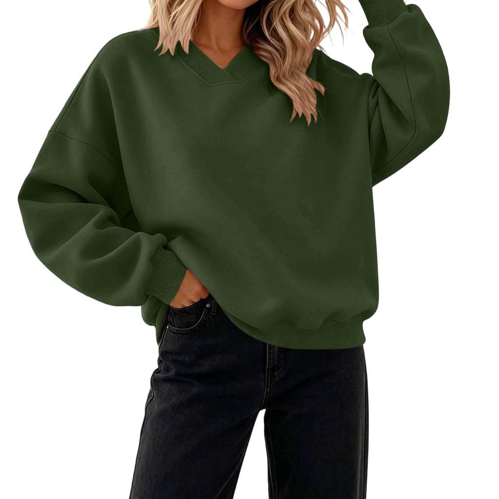 Women's V-Neck Long Sleeve Loose Fit Sweatshirt Color Comfortable Casual Pullover