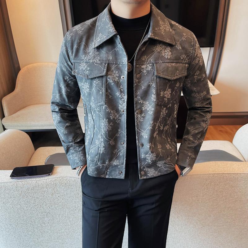Autumn new trendy brand locomotive flower men's PU leather jacket jacket zipper lapel top pocket zipper