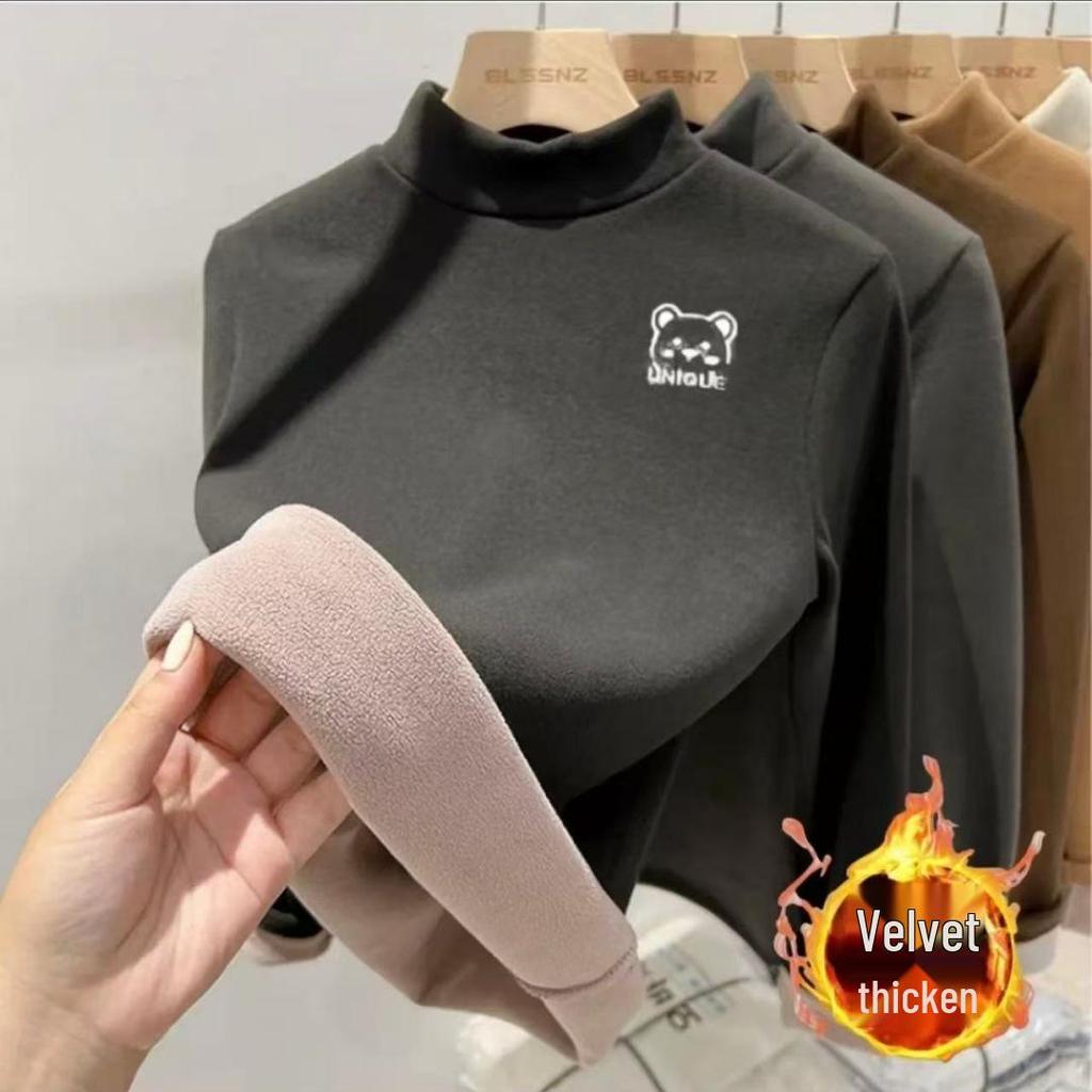 2025 Winter Kids' Plush Velvet Base Layer Half-High Collar T-Shirt for Boys & Girls