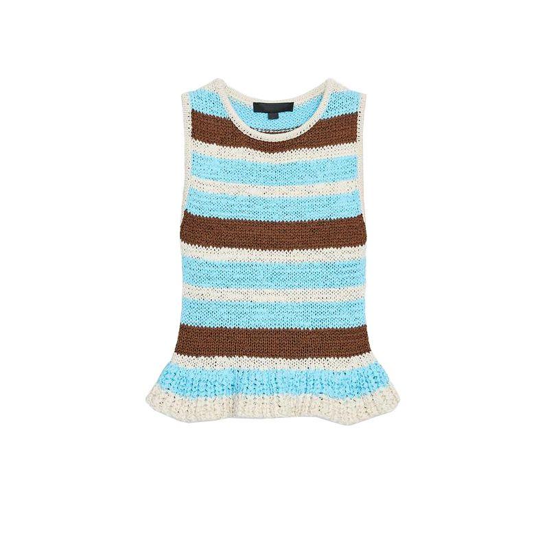 Summer New Product Women's Clothes Fashion Style Laminated Decoration Stripes round Neck Sleeveless Knitting Tops 2142099