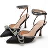 2025 European and American rhinestones bow high heels thin heels sexy summer high heels sandals bag head empty versatile