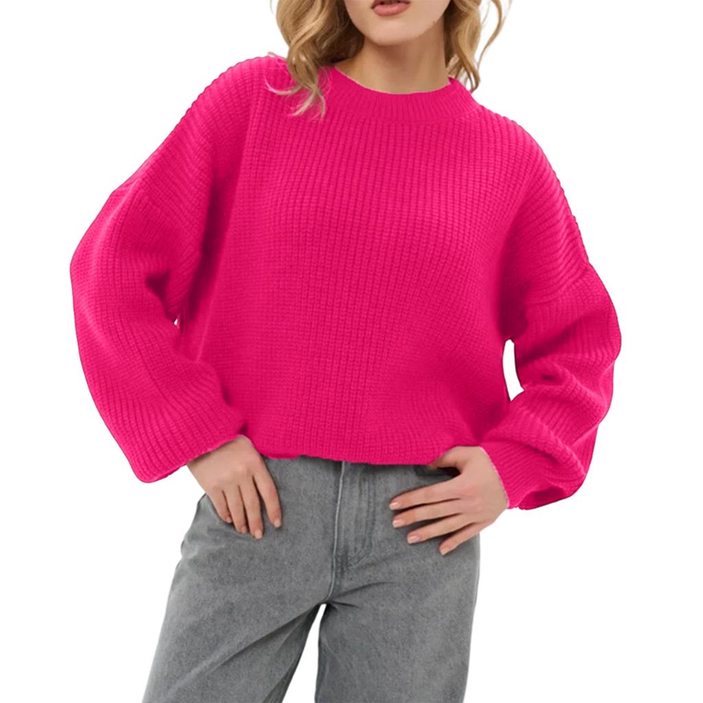 Women's Loose Solid Color Short Round Neck Pullover Long Sleeve Knit