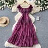 French Romantic Style Yellow Temperament Dress Women's Summer Sleeveless Lace Splicing One-word Shoulder Waist A-word Skirt