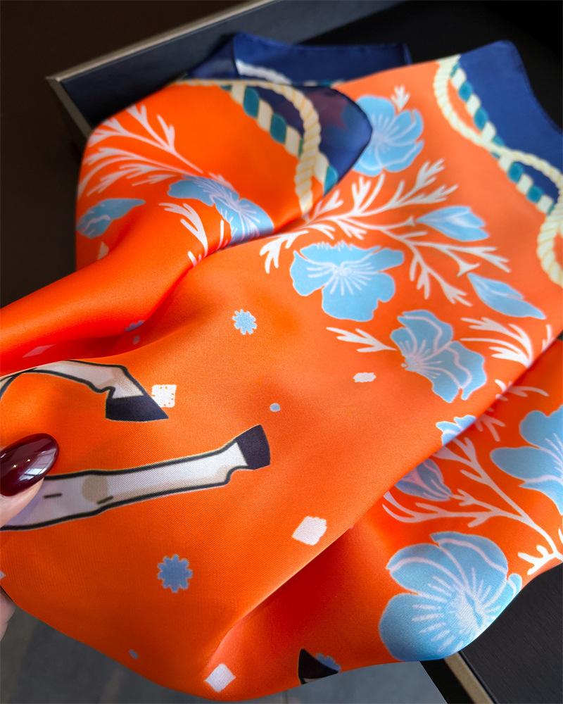 Floral Printed Silk Like Square Scarf For Women Summer Sun Protection