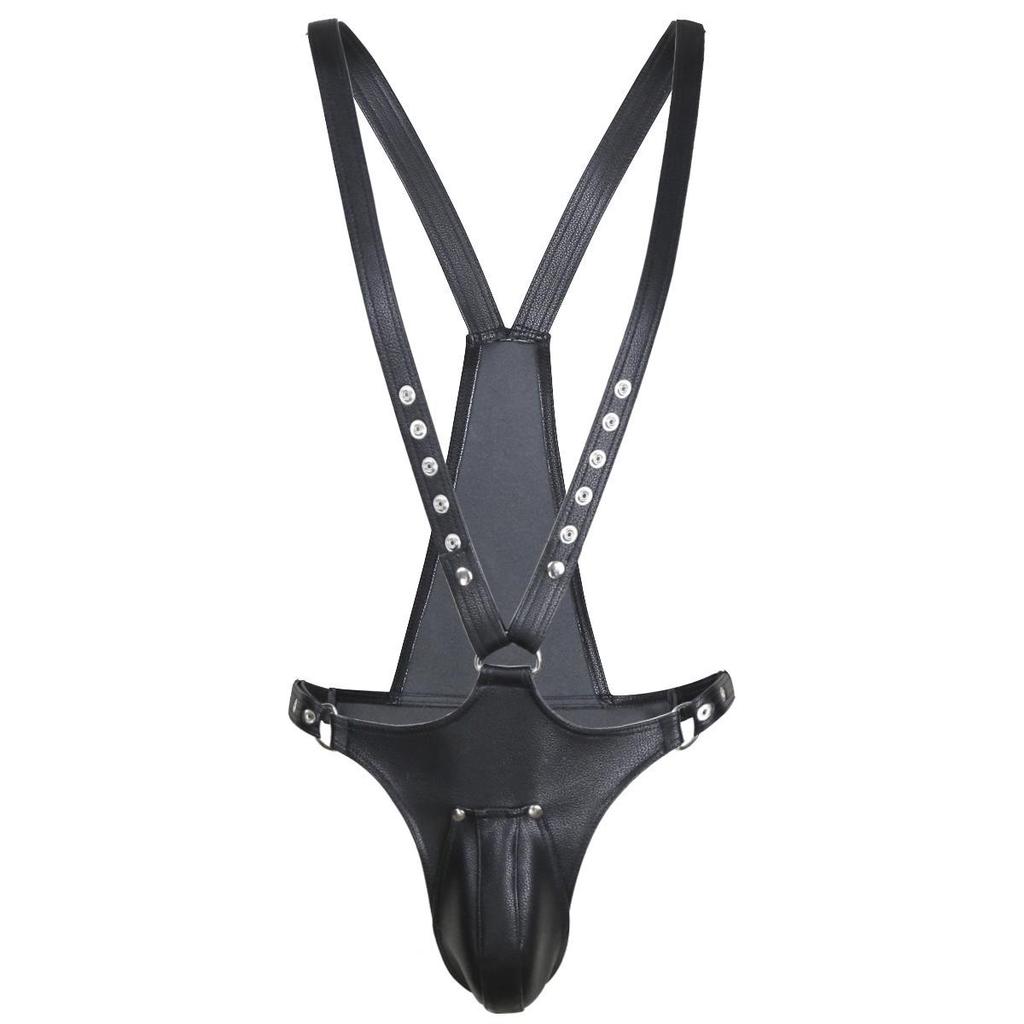 Men's SM Leather Double Shoulder Strap Pants with Erotic Birdcage Restraint
