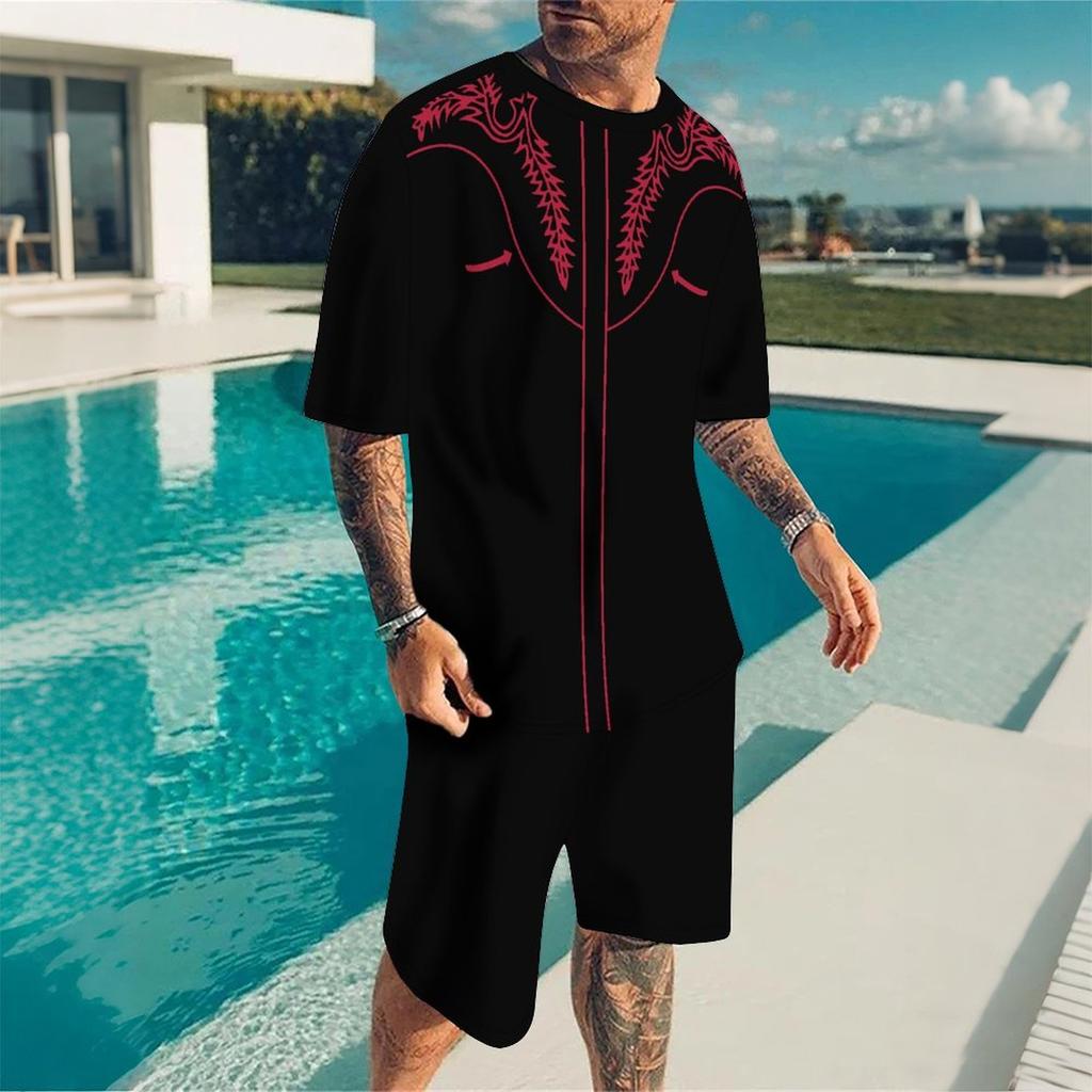 Herren 3D Seilgeflecht Muster Kurzarm T-Shirt und Passende Shorts Zweiteiliges Outfit