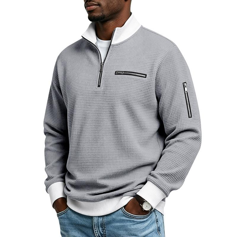 Men's Waffle Textured Half Zip Sweatshirt Stand Collar Long Sleeve Casual Pullover