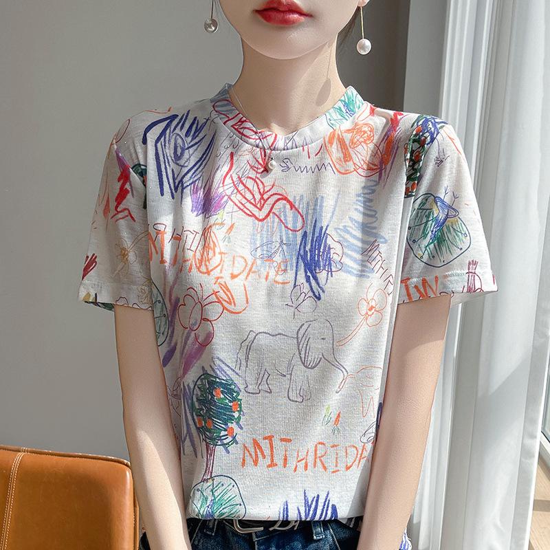 Jarní a letní móda Renderovaný potištěný pletený svetr s krátkým rukávem, volný, ležérní, tenký tencelový poloviční rukáv