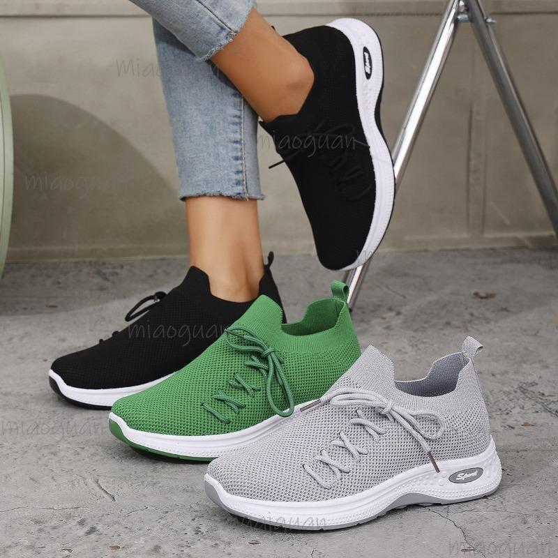 Modische Atmungsaktive Gestrickte Sneaker für Damen Grün Leichte Slip-On Laufschuhe Frau Komfort Rutschfest Lässige Sportschuhe