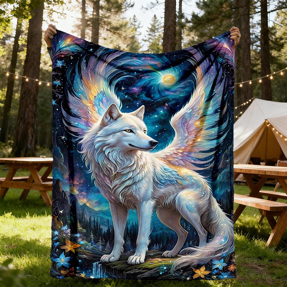 1pc Celestial Wolf Mythical Beast Flannel Blanket, Comfortable and Warm Blanket, for Camping Sofa Bed and Couch Office041