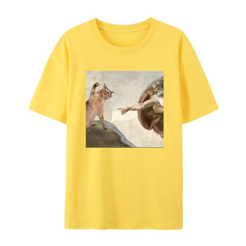 Mythical Oil Painting Cat Funny Fun White Casual Tshirt Mens and Womens Luxury Brand Top
