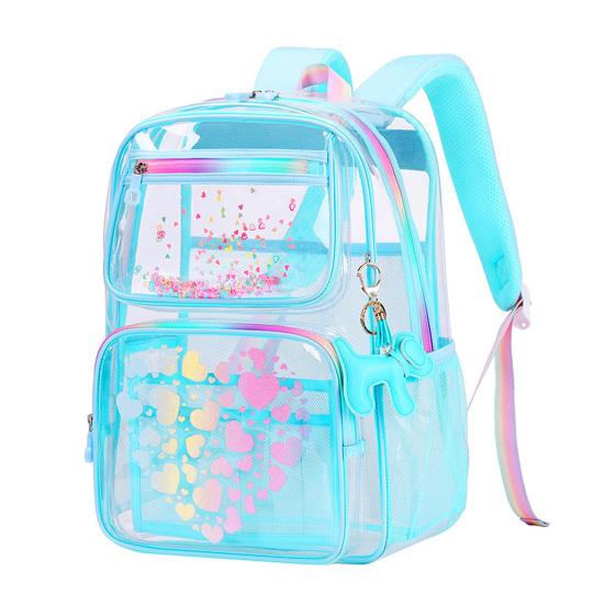 Kids Clear Backpack Waterproof Student Backpack with Love Heart Prints Book Bag with Front Zipper Pockets for Boys Girls School Street