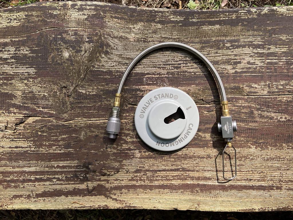 CAMPING MOON Z21-25 Multi-Gas Hose Line for Single Burner, with Valve, Screw-in Type, for OD Cans, and Includes Dispensing Stand