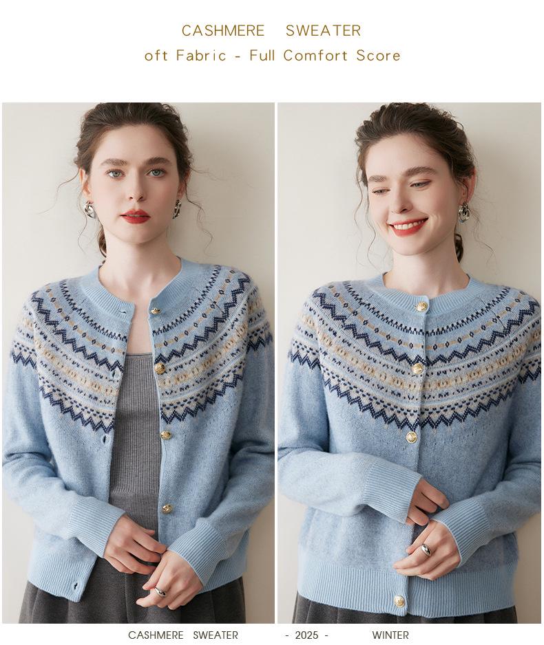 Cardigan Dama Etnic Fair Isle Floral din Cașmir - Pulover cu Tricotaj Larg și Gât Rotund