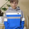 Boys' Color Blocked Hooded Sweatshirt with Simple Mountain Pattern Design In Gray, Blue, and White Stripes