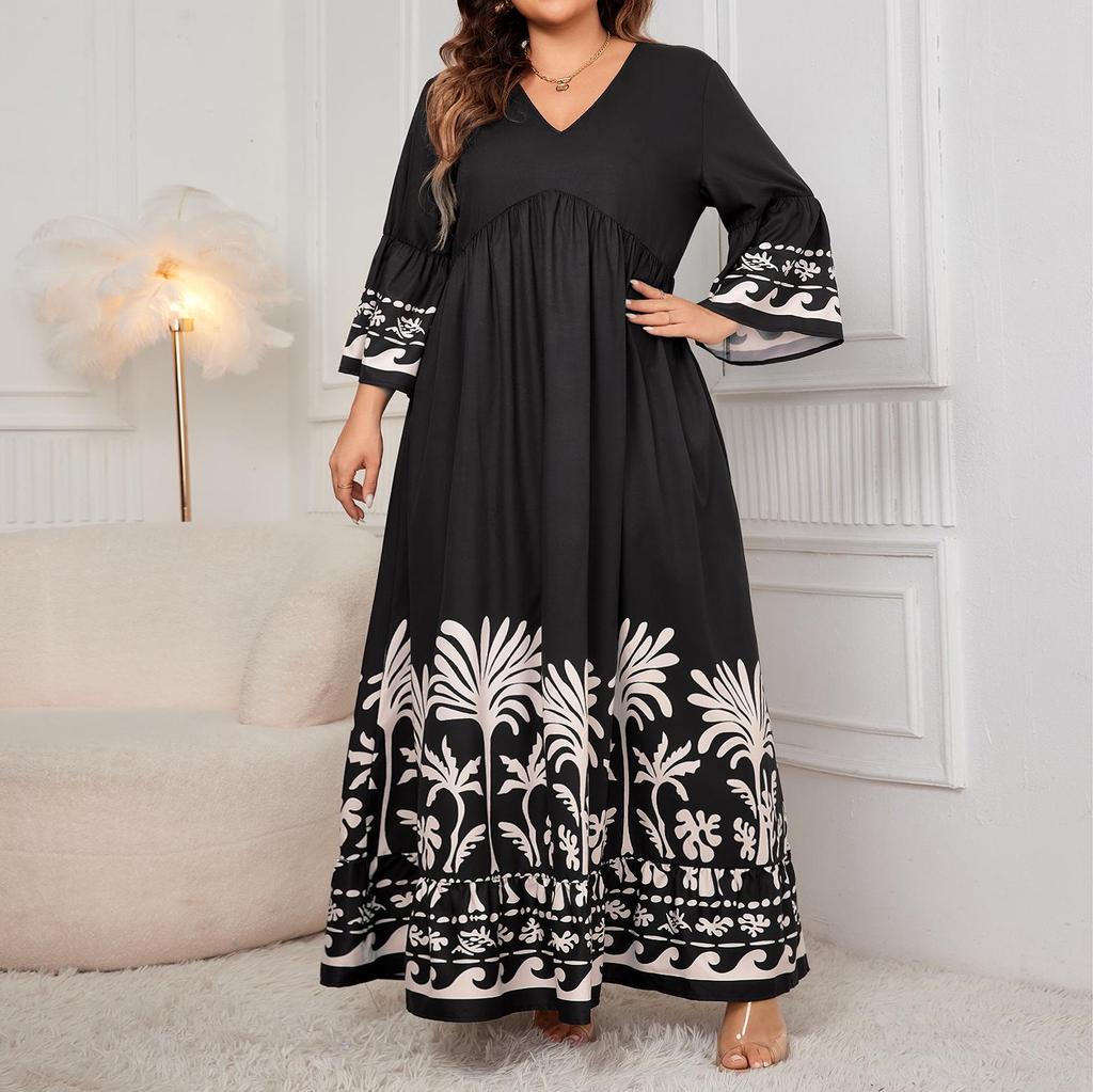 Elegant V-Neck Trumpet Sleeve Printed Long Dress for Women