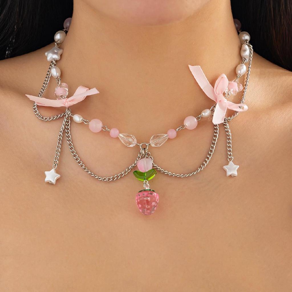Fresh Y2K Strawberry Pendant Necklace with Faux Pearl Beaded Choker