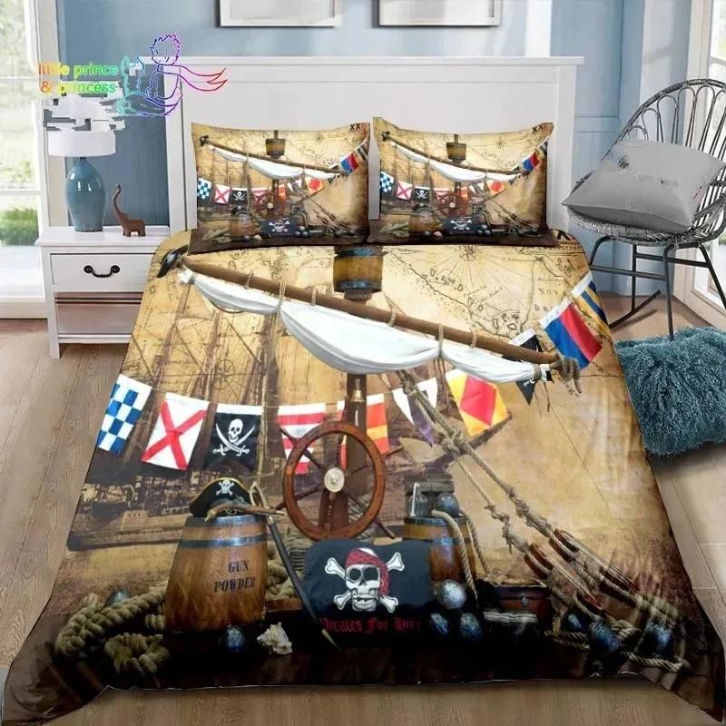 Vintage Pirater Sängkläder Set Enkel Tvilling Full Queen King Size Sängset Vuxna Pojkar Sovrum Pirater Skattkarta Sängkläder Gåva