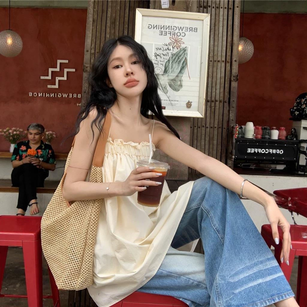 apricot one-word shoulder sling vest women's summer seaside vacation style design sense fungus edge loose medium and long top