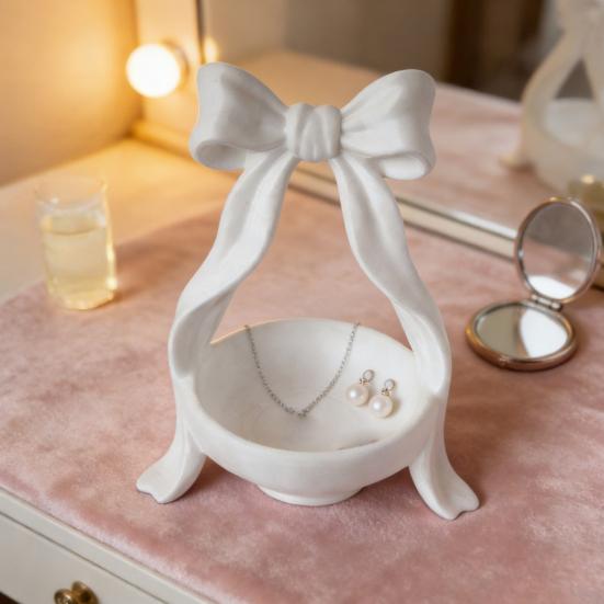 3D Printed Bow Jewelry Organizer Stand Ribbon Bow Knot Trinket Holder for Necklaces Bracelets Earrings Rings Decorative Vanity Storage Dish for