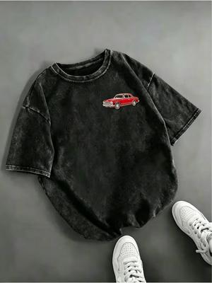 Vintage Yıkanmış Klasik Araba Grafikli Tişört Minimalist Retro Otomobil Baskılı Koyu Oversize Günlük Unisex Kısa Kollu Üst