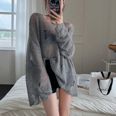 Lazy Style Gray Ripped Hollow Out Boat Neck Knit Sun Protection Cardigan Spring and Summer Loose Versatile Thin