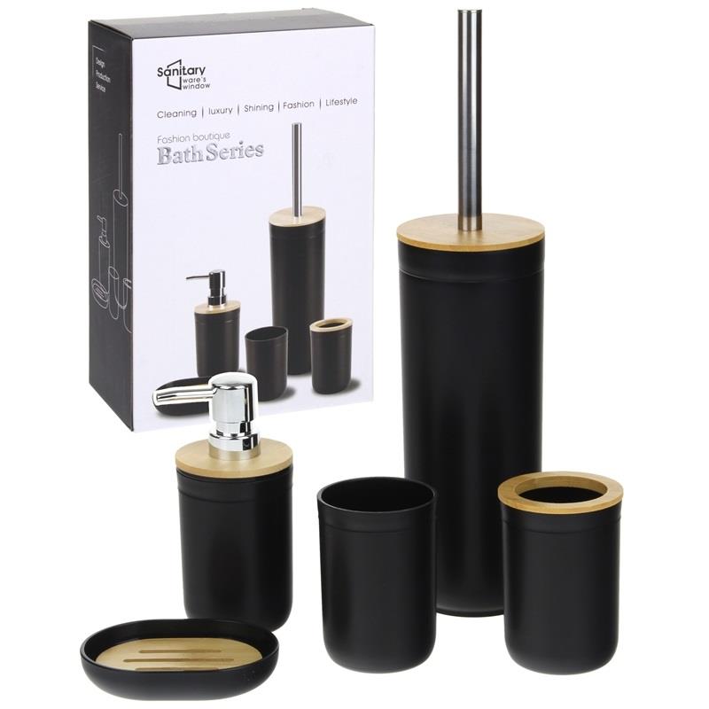 Bathroom Set Toilet Brush Dispenser Set of 5 Black Elements